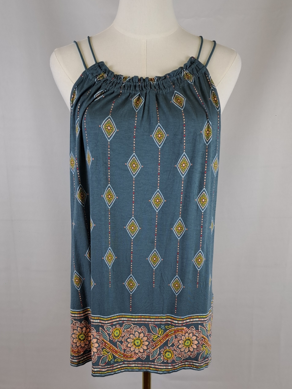 Les Serein Teal Blue Floral Geometric Double Strap Camisole Top Feminine Boho L